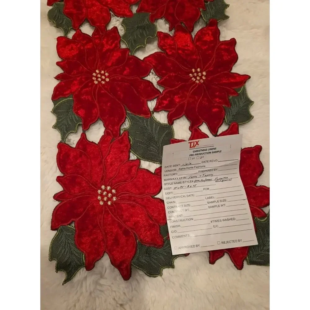 Christmas Poinsettia Table Runner 14x36 Velvet Embroidered TJ Maxx 2546...